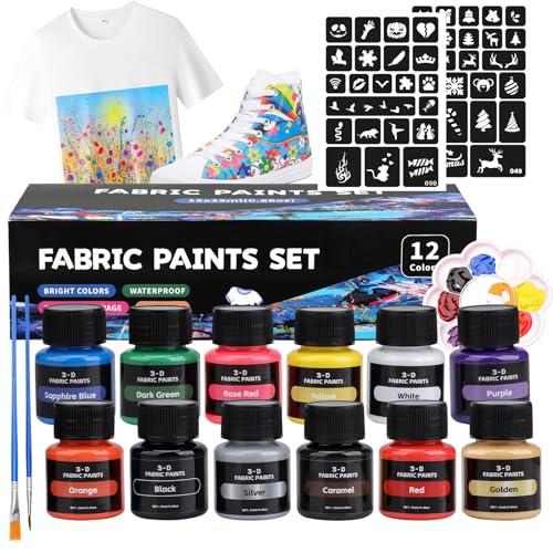 Bateya Textilfarbe Waschmaschinenfest 12x25ml Fabric Paint Permanente Stoffmalfarbe Waschfest Textil Farbe für Klamotten Textilfarben für T-Shirt Schuhe Jeans Tasche Kleidung mit Pinseln Vorlagen