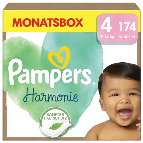 Pampers Baby Windeln Größe 4 (9-14 kg) Harmonie, MONATSBOX, Sanfter Hautschutz Und Pflanzenbasierte Inhaltsstoffe, 174 Stück
