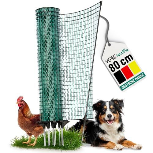 VOSS.farming 20m Gartennetz, Universal Begrenzungszaun, 80cm, 12 Pfähle, dunkelgrün, Hundezaun Campingzaun Beetschutz