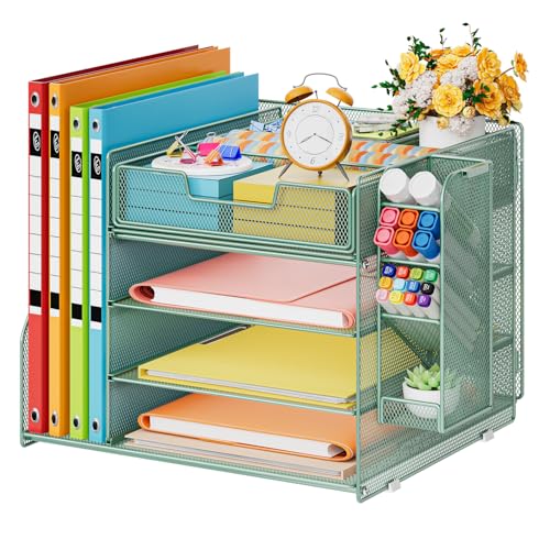 Marbrasse Schreibtisch Organizer mit Aktenhalter,4-Tier Briefablage Ablagefächer,Fachschubladen,Hängen Stifthalter,Mesh Schreibtisch Papier Ablage für HausBüro Bedarf Dokumentenablage (Grün)