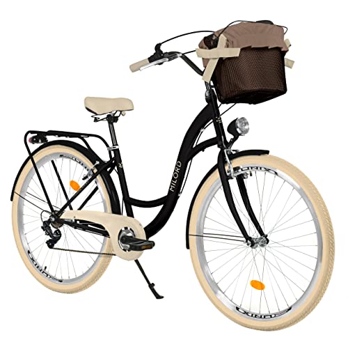 Milord Komfort Fahrrad mit Korb Hollandrad, Damenfahrrad, Citybike, Retro, Vintage, 28 Zoll, Schwarz-Creme, 7-Gang
