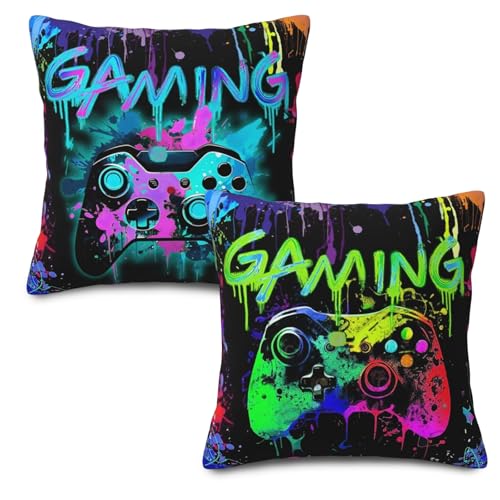 VOYANTE 2 Stück Gaming Kissenbezüge 45x45cm, Gaming Zimmer Deko, Jugendzimmer Deko Jungen, Bunte Doppelseitige Drucke Dekokissen für Gamer, Sofa, Bett, Auto, Büro, Sessel, Zuhause, Schlafzimmer