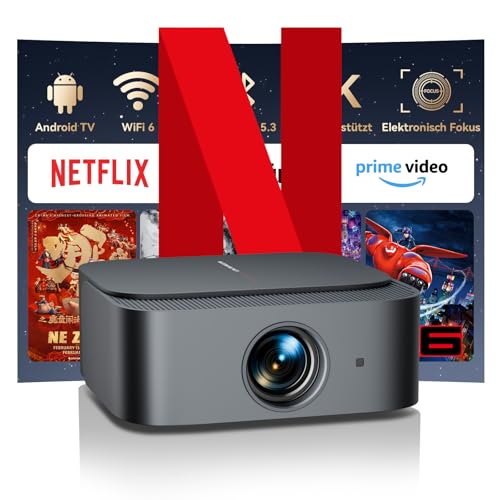 Beamer 4K【Official Netflix & Remote Focus/Trapezkorrektur】 25000 Lumens Beamer 4K Heimkino Unterstützt, WiFi Bluetooth Smart Projektor Full HD 1080P, Video Projektor Android mit YouTube/Prime Video