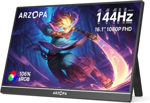 ARZOPA 16.1'' 144Hz Tragbarer Monitor mit Einem Standfuß, 106% sRGB 1920×1080P FHD HDR 144HZ Gaming Monitor, Ultra-dünn - Augenschutz-Externer Zweiter Bildschirm für Laptop/PC/Mac/PS3/4/5/Xbox - Z1FC