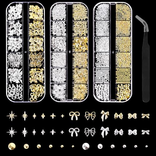 3 Schachteln Nail Charms, 36 Typen Charms Nägel, Gold Silber Stern Schleifen Perle Nagelschmuck, Nagel Steinie Set mit einer Pinzette, Nails Art Charms für Frauen Nageldesign Zubehör