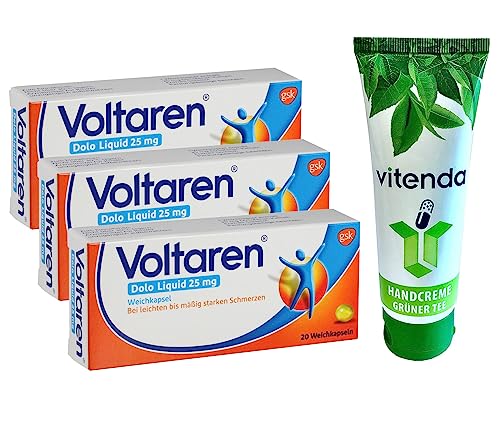 Voltaren Dolo Liquid 25 mg 3x20 Weichkapseln inclusiven einer Handcreme von vitenda - bei Muskel- und Rückenschmerzen
