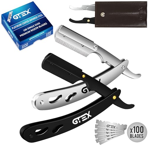 Rasiermesser Herren mit 100 Premium GTEX Rasierklingen & Ledertasche - 2 Rasiermesser & 100 Rasierklinge - Straight Razor Bartmesser Ustura