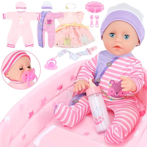 GirlDiary Realistische Mompe 12 Zoll mit Zubehör Set, 3 Kleider, Stubenwagen Bett, Fütterung Playset, Baby Puppen Mädchen für 3-8 Jahre, Baby Puppe Spielzeug mit Kleidung 00310
