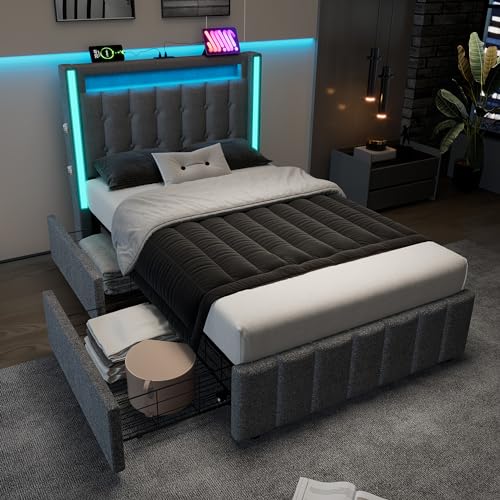 Polsterbett 90x200, LED Einzelbett mit USB Typ C Ladefunktion und 2 Schubladen, Bett Jugendbett Stauraumbett Funktionsbett Rückenlehne Bettgestell mit Holz Lattenrost, Leinen, Grau, Ohne Matratze