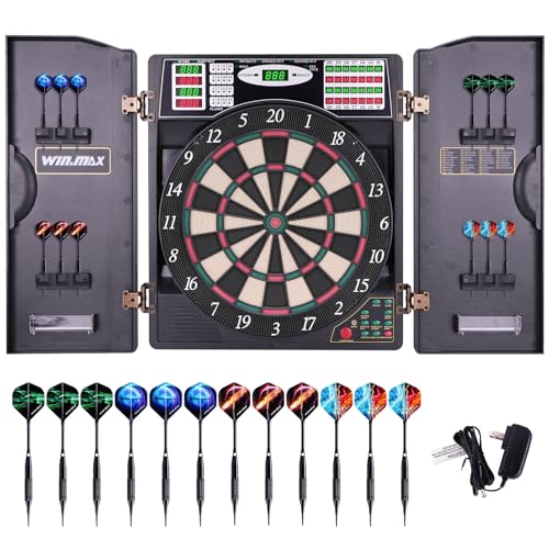 WIN.MAX Elektronische Dartscheibe Profi Set mit 211 Varianten für 1 bis 16 Spieler mit 12 Darts + 12 Flights 100 Pfeilspitzen Zubehör