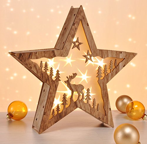 Spetebo LED Dekoleuchte Stern aus Holz 30 cm - Rentier - Deko Aufsteller warm weiß beleuchtet - Weihnachten Advent Winter Stern Tisch Deko Beleuchtung Batterie betrieben