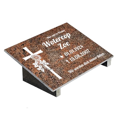 Grabplatte mit Inschrift aus Granit Multicolor Rot, personalisierbar Gedenktafel für Urnengrab, Wählmotiv, Grabstein für 1-2 Pers., Urnengrabstein (Multicolor Rot, 20x30cm mit Stützen, Kreuz)