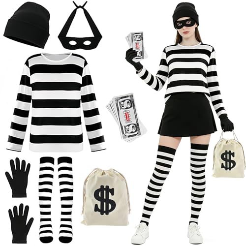 Taechalingo Kostüm Dieb,Kostümset für Räuber für Erwachsene,Räuber Kostüm,Karneval kostüm,Taschen und Augenmaske,Banknoten,Socke,Hut,Handschuhe für Halloween Karneval Cosplay