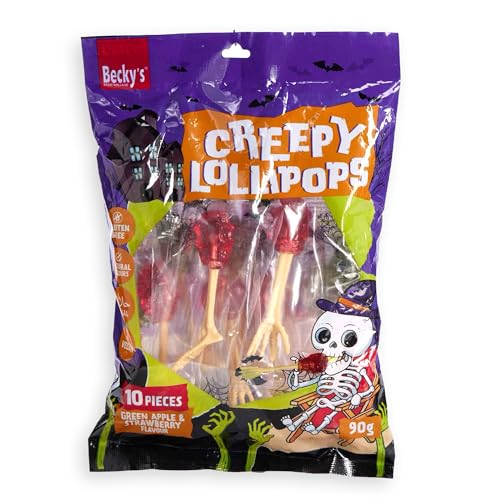 Becky’s Creepy Lollipops 90g – 10 Halloween Lutscher mit Knochen-Stiel – Süße Party-Süßigkeiten für Kinder & Erwachsene – Gruselige Lollies, einzeln verpackt, zum Teilen, Verschenken & Dekorieren