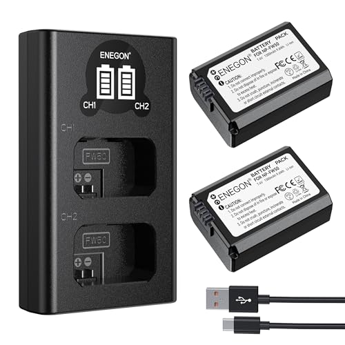 ENEGON NP-FW50 Akku (2-Pack | 1300mAh) und LCD Dual USB Ladegerät für Sony ZV-E10, A6000, A6300, A6400, A6500, A7, A7II, A7RII, A7SII, A7S, A7R, A7RII, A55, A5100, RX10 - Zubehör Kit