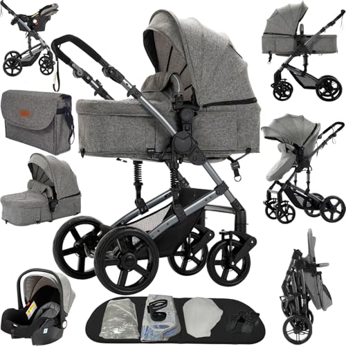 Reenborn Kinderwagen 3 in 1, Buggy mit Zwei Umkehrbaren Schiebemodi, Kinderwagen mit Rahmen Aluminiumlegierung, Kombikinderwagen 3 in 1 Komplettset Ein-Klick-Faltdesign (588 Grey)
