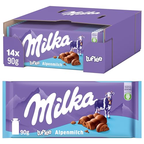 Milka Bubbly Alpenmilch – luftige Tafelschokolade mit feinen Luftblasen aus zarter Alpenmilch – 14 x 90g