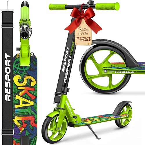 RE:SPORT® Cityroller für Kinder & Erwachsene mit Klingel & Tragegurt | Tretroller Scooter höhenverstellbar & klappbar bis 100 kg | Kinderroller Kickscooter rutschfestes Deck | Kickroller große Räder