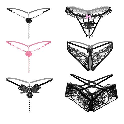 6er Packs String Ouvert Damen mit Perlen Blumen Loch Set Frauen Frau,Schwarz Spitze Sexy Tanga Strings Unterwäsche Mit Offenem Schritt Tangas G-String Reizwäsche Thongs V-String Höschen (6 Muster)