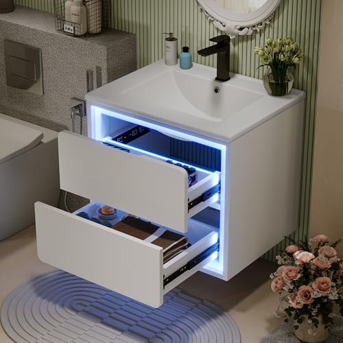 Merax Waschbecken mit Unterschrank Badmöbel-Set mit LED-Radarsensor-Beleuchtung, integriertes Keramikwaschbecken, Zwei leise Schubladen, Sprühlackiertechnologie, 60x46x50 cm,Weiß