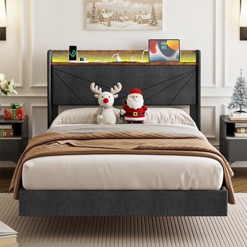 IRONCK Polsterbett 120x200 cm, Bett 120x200 mit LED-Beleuchtung und Ladestation (2 AC-Steckdosen, USB+Typ-C Anschlüsse), Bettgestell mit Stauraum, Schwebebett Einzelbett mit Lattenrost, Leinen, Grau