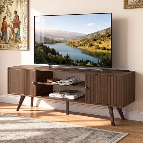Nussbaum TV Schrank Holz 140cm lang – Lowboard Stehend mit 2 Staufächern & 2 Offenen Regalen, TV Sideboard Wohnzimmer für 55