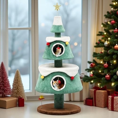 YITAHOME 160,5cm Großer Weihnachts-Kratzbaum mit Doppellagigem Katzenhaus, Katzenturm, mit Katzenspielzeug, Katzenmöbel, Weihnachtsdekoration, Grün