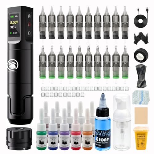 LIUMATE Drahtlos Maschine Set Rotary Stift Maschine mit Kabellose Batterie 20 Stück Nadel 10 Tinte RCA Connector Complete Machine set für Anfänger und Künstler