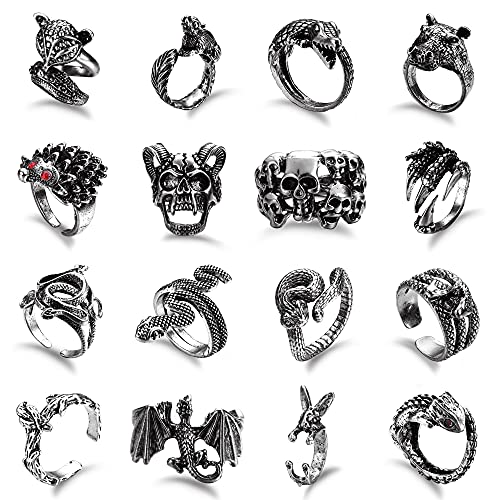 Kakonia 16 Stücke Gothic Offene Ringe Set für Männer Frauen Punk Verstellbare Schlange Drachen Klaue Tier Ringe Vintage Goth Schädel Ringe Indie Ästhetik Schwarz Stil-B