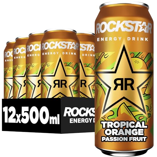 Rockstar Energy Drink Tropical Orange Passion Fruit Geschmack - Koffeinhaltiges Erfrischungsgetränk für den Energie Kick, EINWEG (12 x 500ml)
