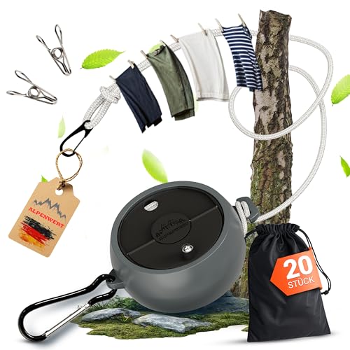 ALPENWERT® ROBUSTE Wäscheleine ausziehbar [10m Reise- & Camping Wäscheleine] inkl. 20 Edelstahl Klammern - für Wohnmobil, Vanlife & Backpacking