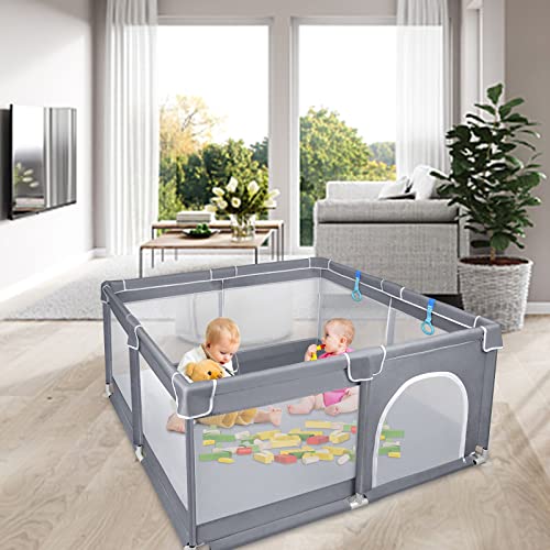 UISEBRT Laufstall Baby Laufgitter Schutzgitter mit Rutschfester Basis und Atmungsaktivem Netz, Stabiler Absperrgitter Aktivitätszentrum für Kinder, Dunkelgrau, 127x127cm