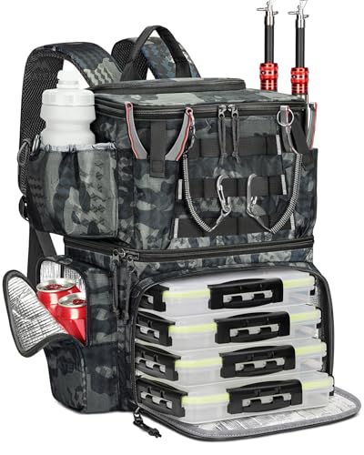 MATEIN Angelrucksack mit Boxen und Rutenhalter, Wasserdichter Angel Rucksack Herren mit Kompass und Isoliertes Kühlfach, Angelrucksack mit 4 Köderbox Angeln für Angeln Camping, Geschenke für Angler