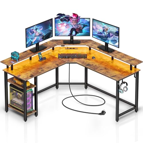 Rolanstar Schreibtisch L Form mit RGB-LED & Steckdosen, 135 cm Computertisch mit Monitorständer & Ablagefläche, Reversibler Eckschreibtisch mit 2 Haken, perfekt für Schlafzimmer Büro, Vintagebraun