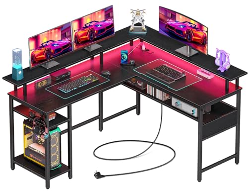 Rolanstar Gaming Schreibtisch L Form mit LED & Steckdosen, Gaming Tisch mit Monitorständer & Ablagefläche, Eckschreibtisch mit 2 Haken, Reversibler Computertisch Groß für Büro(Schwarz 137 x 108cm)