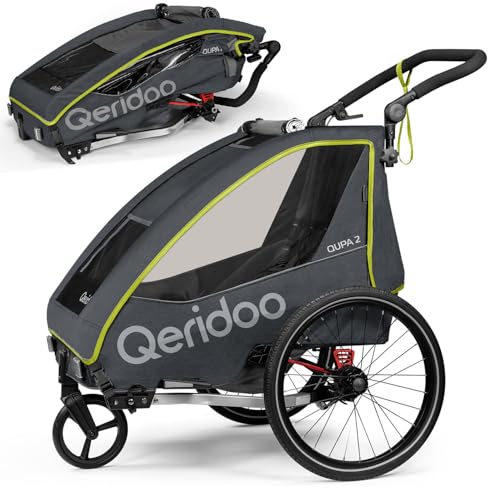 Qeridoo QUPA 2 Lime | Fahrradanhänger 2 Kinder | Kinder Fahrradanhänger mit Blattfederung & Handparkbremse | Jogger Kinderwagen | Kinderfahrradanhänger klappbar | Fahrrad Anhänger