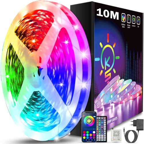 Keepsmile LED Strip 10M RGB, Bluetooth LED Streifen mit APP & Fernbedienung, Musik Sync, Dimmbar Farbwechsel Lichtband, Selbstklebend LED Beleuchtung für Zimmer, Schlafzimmer, Gaming, Party & Deko
