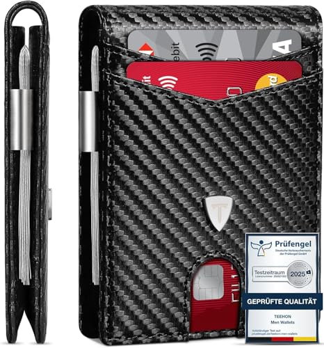 TEEHON Geldbörse Herren Slim Wallet RFID Blocking Kohlefaserleder Portmonee Herren mit 11 Kartenetui, Ausweisfenster, Geldscheinklammer, Minimalistischer Geldbeutel mit Geschenkbox - Schwarz
