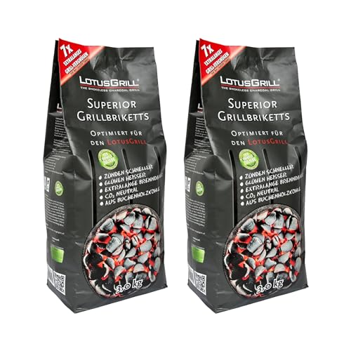 2X 3KG LotusGrill Superior BBQ-Briketts aus Buchenholzkohle Sparpack, CO2 neutral -zündet schnelllange Brenndauer bis zu 3 Std. mit Classic Grill, aus Buchenholzkohle, extrem raucharm, wenig Asche