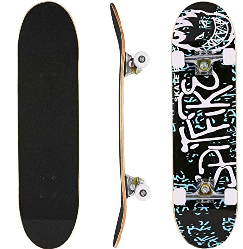 Skateboard,7-Lagiger Kanadischer Ahorn Double Kick Deck Skateboard, Komplettboard, Profi Board für Kinder, Teenager und Erwachsene(79,5 * 20 * 13 cm - Buchstabenmuster)