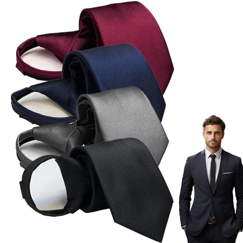 GYHWOFUL Krawatten für Herren Set, 4 Stück Krawatte Schmal - Schwarz Grau Dunkelblau Dunkelrot, Krawatte mit Gummizug Reißverschluss, Tie Seide für Büro oder Festliche, Abend, Party