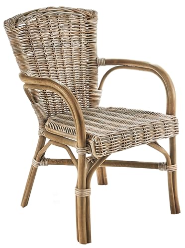 Kobolo Rattansessel York kubu Grey, 55x50x86 cm, Grauer Korbstuhl mit Armlehnen aus Naturmaterial, Rattanstuhl robust & stilvoll, ideal für Küche, Esszimmer oder Wintergarten