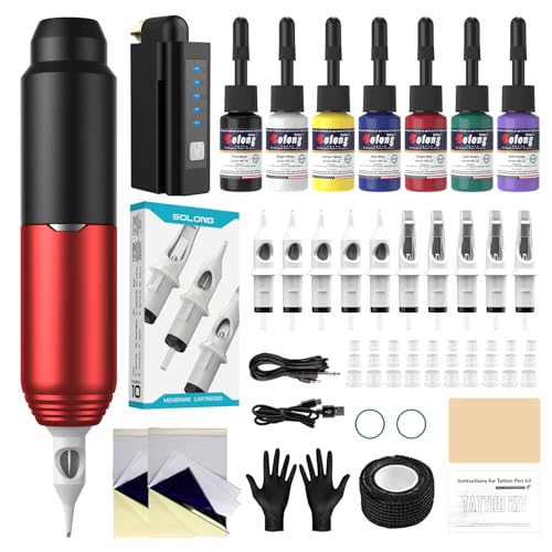 Solong Tattoo Maschine Set, inklusive 10 Stück Tattoo Patronen Nadeln, 7 Flaschen Tattoo Tinte und 1500mAh Stromversorgung geeignet für Tattoo-Anfänger und professionelle Tätowierer SLP51KITEU-2