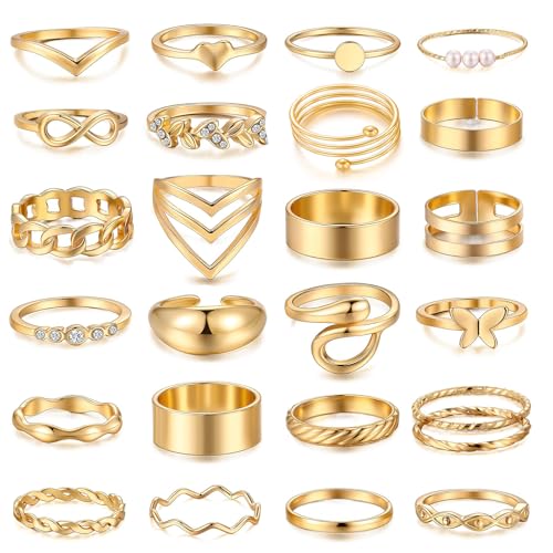 BelleFlair 25 Stück Gold Ringe Set Damen Vintage Stacking Ring Aesthetic Modeschmuck Chunky Knöchelringe Verstellbar Rings Women Pack Fingerringe Schmuck Zubehör für Frauen und Mädchen