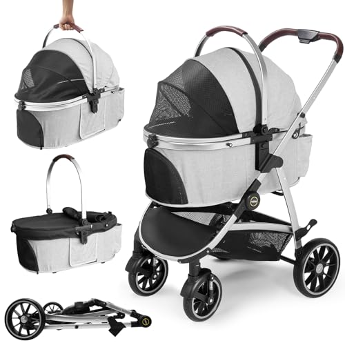 DAISTERN Hundebuggy Hundewagen Klappbar bis 25KG, Hundetrolley Faltbar mit Rahmen aus Aluminiumlegierung, 360° drehbare Gummireifen, Hinterradbremsen, Sicherheitsleine und Bequemes Sitzkissen Grau