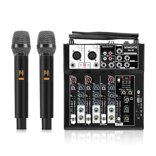 SOWOITIG Karaoke Mischpult mit 2 kabellosen Mikrofonen, 4-Kanal Audio Mixer DJ Konsole Musik Soundboard Drahtlosem Mikrofon Mischpulte mit Bluetooth, USB-Port, 48V Phantomspeisung für Studio Aufnahme