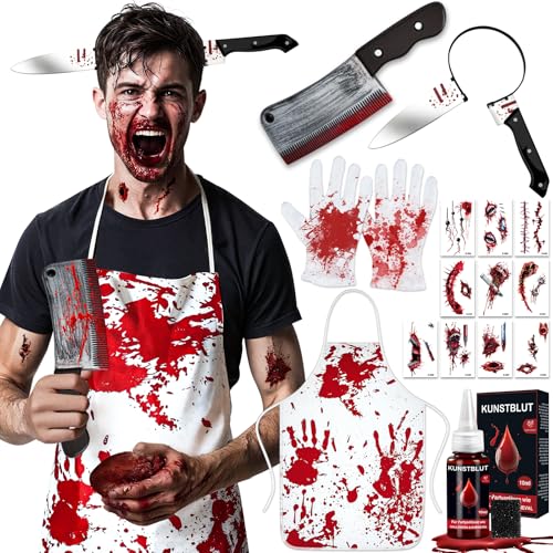 SYNERIX Halloween Kostüm Damen Herren Gruselig - Metzger Kostüme Halloween Männer Costume Erwachsene Horror mit 10ml Kunstblut, Messer mit Blut, Haarreif Messer, Handschuhe und 10 Halloween Tattoos