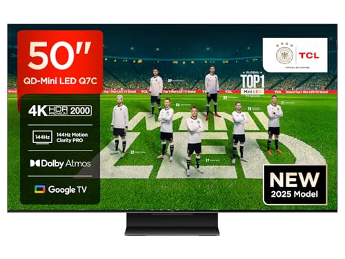 TCL 50Q7C QLED Mini LED Fernseher, 50 Zoll, 4K HDR Premium, Dolby Vision IQ & Atmos, Smart TV mit Google TV, Onkyo 2.0 Sound, 144Hz VRR, AMD FreeSync Premium Pro, HDMI 2.1, AirPlay 2