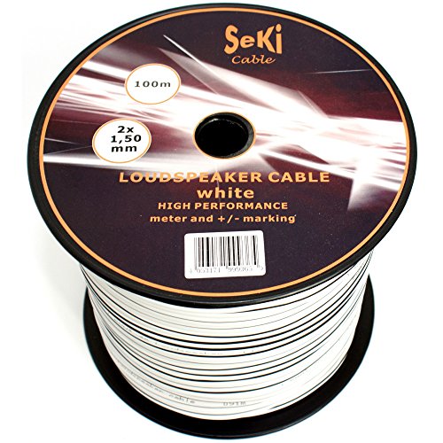 SeKi Lautsprecherkabel Weiß 2x 1,50mm² – 100 Meter Spule | CCA-Kupfer Boxenkabel für klaren Sound bei HiFi, Heimkino und Car-HiFi mit Polaritätskennzeichnung