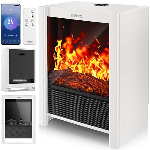 TRESKO® Elektrokamin mit Heizung & Fernbedienung 2000W, WiFi App | Kamin elektrisch LED-Flammeneffekt & LCD-Display | Kaminfeuer mit Thermostat, Timer | Elektro Kaminofen Standkamin Heizlüfter